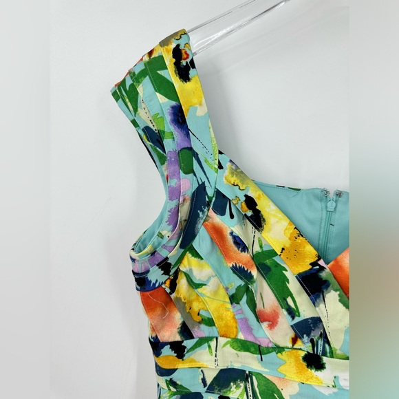 Adrianna Papell Colorful Floral Dress Womens 4 Sleeveless Teal Blue Yellow - Picture 3 of 8